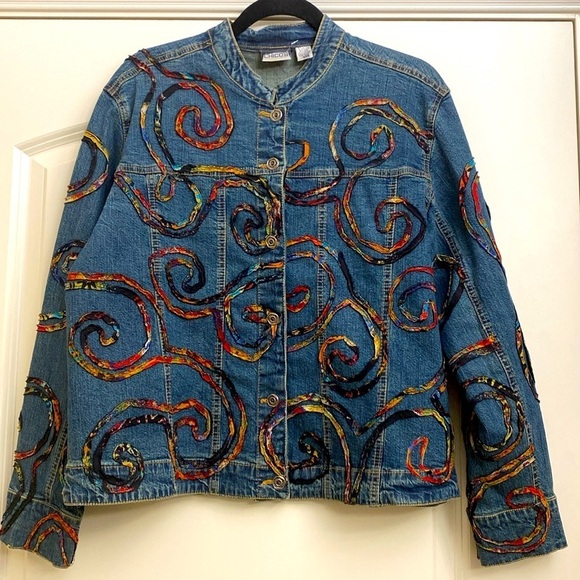 Chico's Denim Jean Jacket Womens Ribbon Applique Boho Artsy Art to wear Size 1 M - Picture 2 of 11